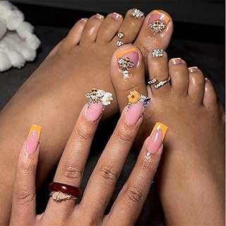 Yellow French Press on Nails Medium & Press on Toenails Set - Square Fake Nails Press ons Nail Art Tips Glue on Nails Full Cover Nude Fake Toe Nails 3D Bee Flower Rhinestones Design Nail Kit