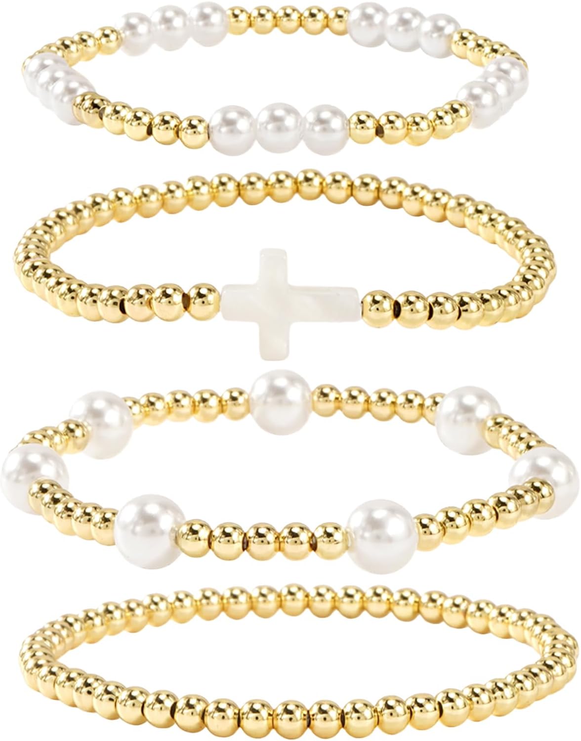 Stacked 14K Gold Pearl Beaded Cross Bracelets for Women