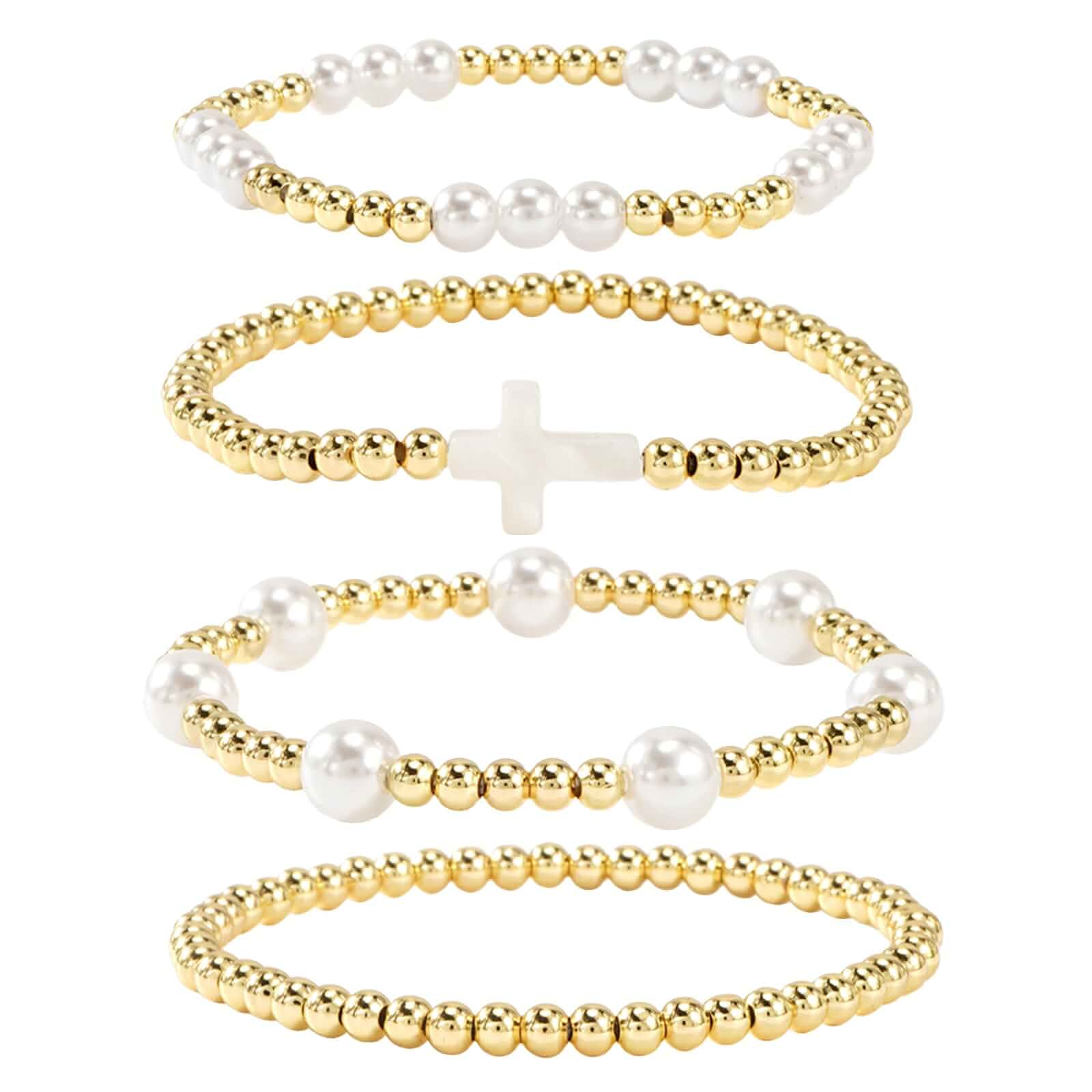 14K Gold Plated Pearl Beaded Cross Bracelets Stack Set for Women,Stretch Boho Colorful Christian Beads Ball Jewelry Friendship Summer Trendy Gift