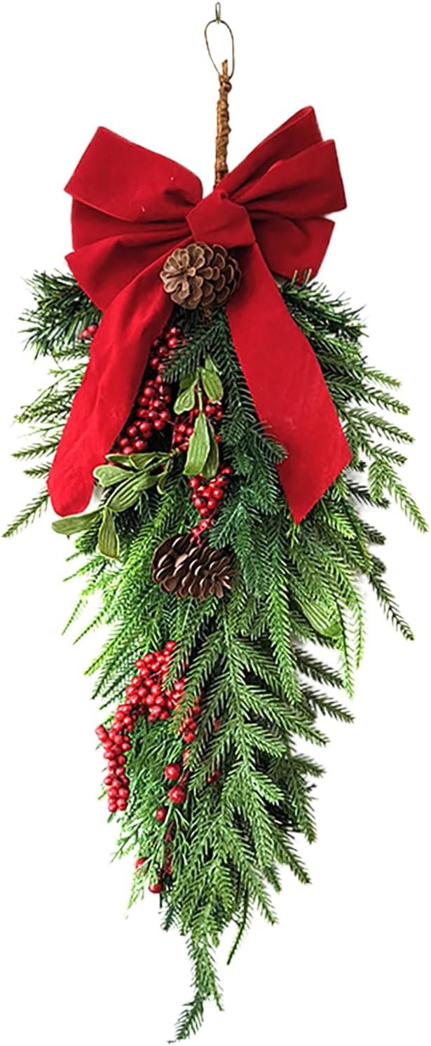 TITA-DONG Christmas Swag, Artificial Christmas Pine Branch Red Bery Teardrop Wreaths Picks with Red Bow, Artificial Teardrop Decorative Hanging Swags Christmas Swag Wreaths for Front Door
