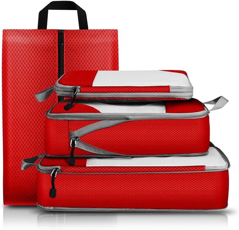 Waterproof TUP Transparent Travel Packing Bags Set – Foldable & Lightweight Design – Luggage Organizer for Suitcase & Trolley (Red,Medium Size (Single Bag))
