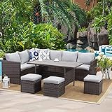 Wisteria Lane Patio Furniture Set,7 Piece Outdoor Dining Sectional Sofa Couch with Dining Table and Chair, All Weather Deck Wicker Conversation Set with Cushion, Grey