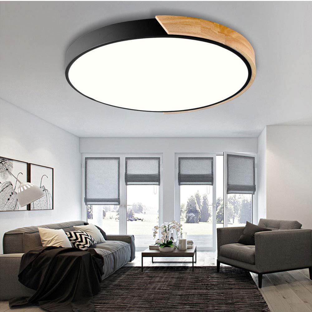 Led De Madera Lámpara De Techo Fxture Moderno Con Control Remoto Negro Plafon Led Techo Montaje Empotrado Interior Redondo Plafon Led Techo Para Dormitorio Baño Sótano Salón-Luz blanca cálida 30cm