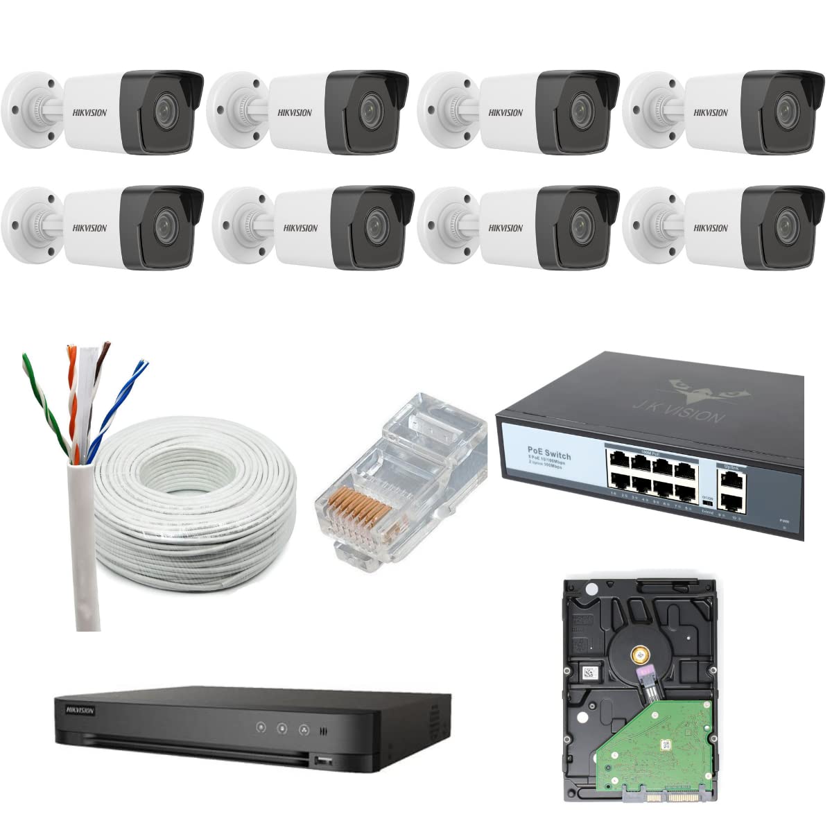 Full Set Home Security 2MP Wired IP CCTV Camera 8 Bullet, with NVR 8 CH, 2 TB HDD, 100m CAT6 Cable,8 Channel POE with 2 (Up-Link) 16 RJ45,Compatible for J.K.Vision POE
