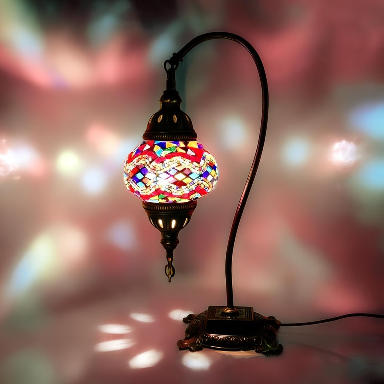 ENVA Turkish Moroccan Style Mosaic Multicolour Desk Table Lamp Handmade Tiffany Swan Neck Lamp Light