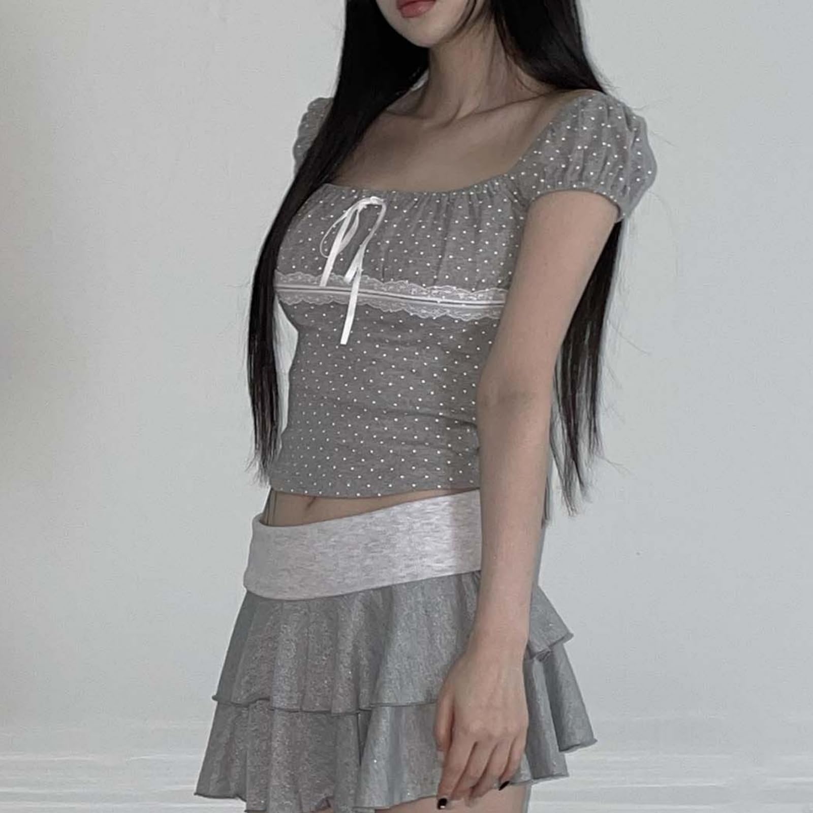 Womens E-Girls Short Sleeve T-Shirt Y2k Lace Trim Crop Tops Crewneck Fairy Grunge Tee Tops Aesthetic Summer Clothes