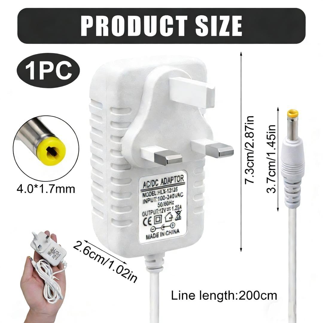 12V 1.25A 15W Power Supply Charger 4.0 * 1.7mm Power Cable Compatible with E-cho Dot (3rd/5rd/4th/1st Gen) 3/4 Gen E-cho Kids Edition 3/4 Gen Show 5(1/2Gen) Spot Fire TV Cube 2M/6.6FT Cord White — view 2