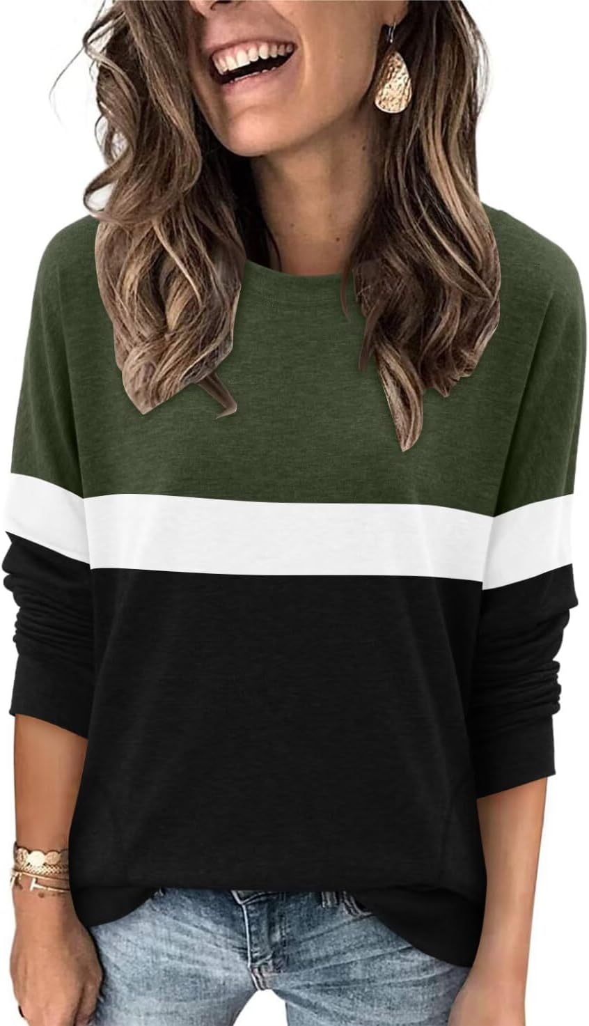 Magritta Girls Long Sleeve Tunic Tops with Pockets Striped Crew Neck Stretchy Loose Fit Color Block Sweatshirt Pullover for Women Green Black Small