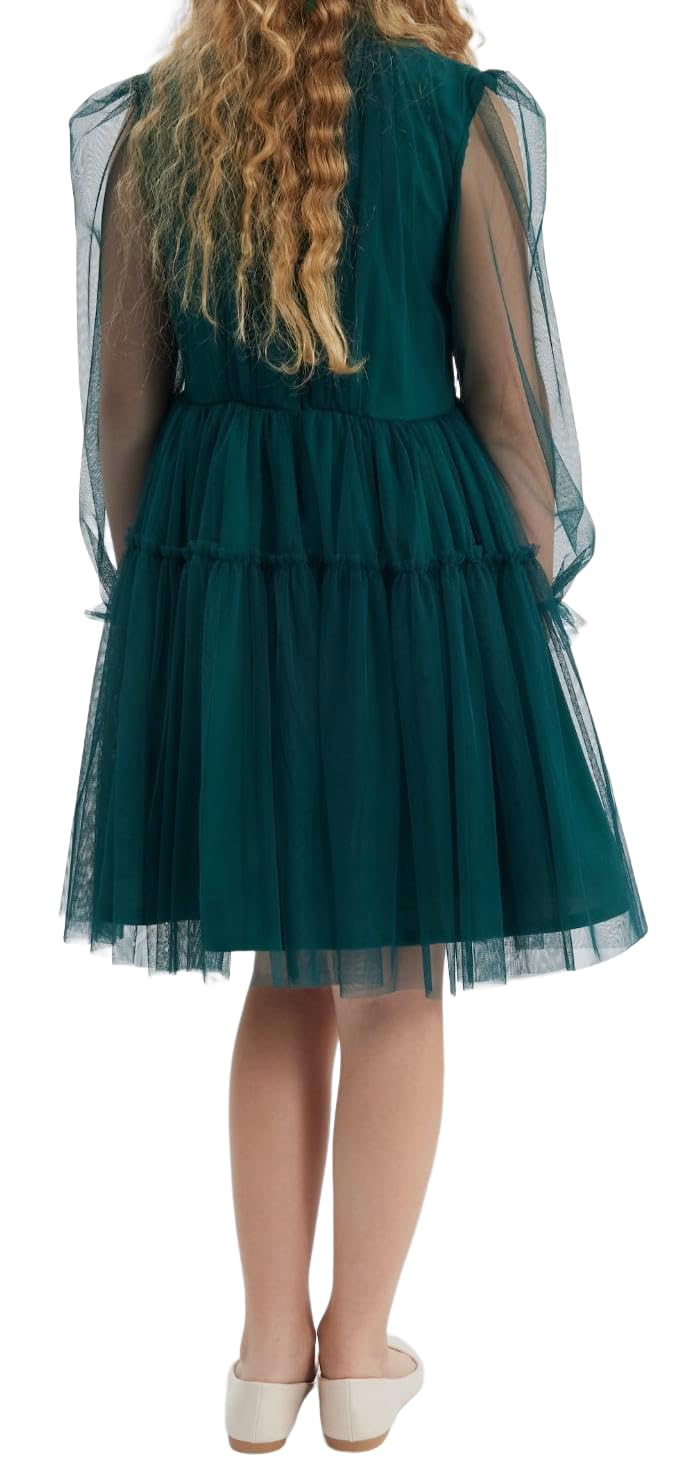 Visitenkleid Mädchen Oktavia - Flaschengrün mit Tüllärmel für besondere Anlässe