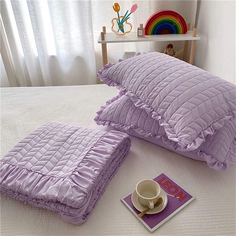 3pcs Set Summer Quilted Bedspread Quilt Set Full Size Ruffled Texture Bedspread Coverlet Set Teen Girls Summer Blanket with Pillowcases Lightweight Microfiber Yellow 150 * 200 (Purple 200 * 230)