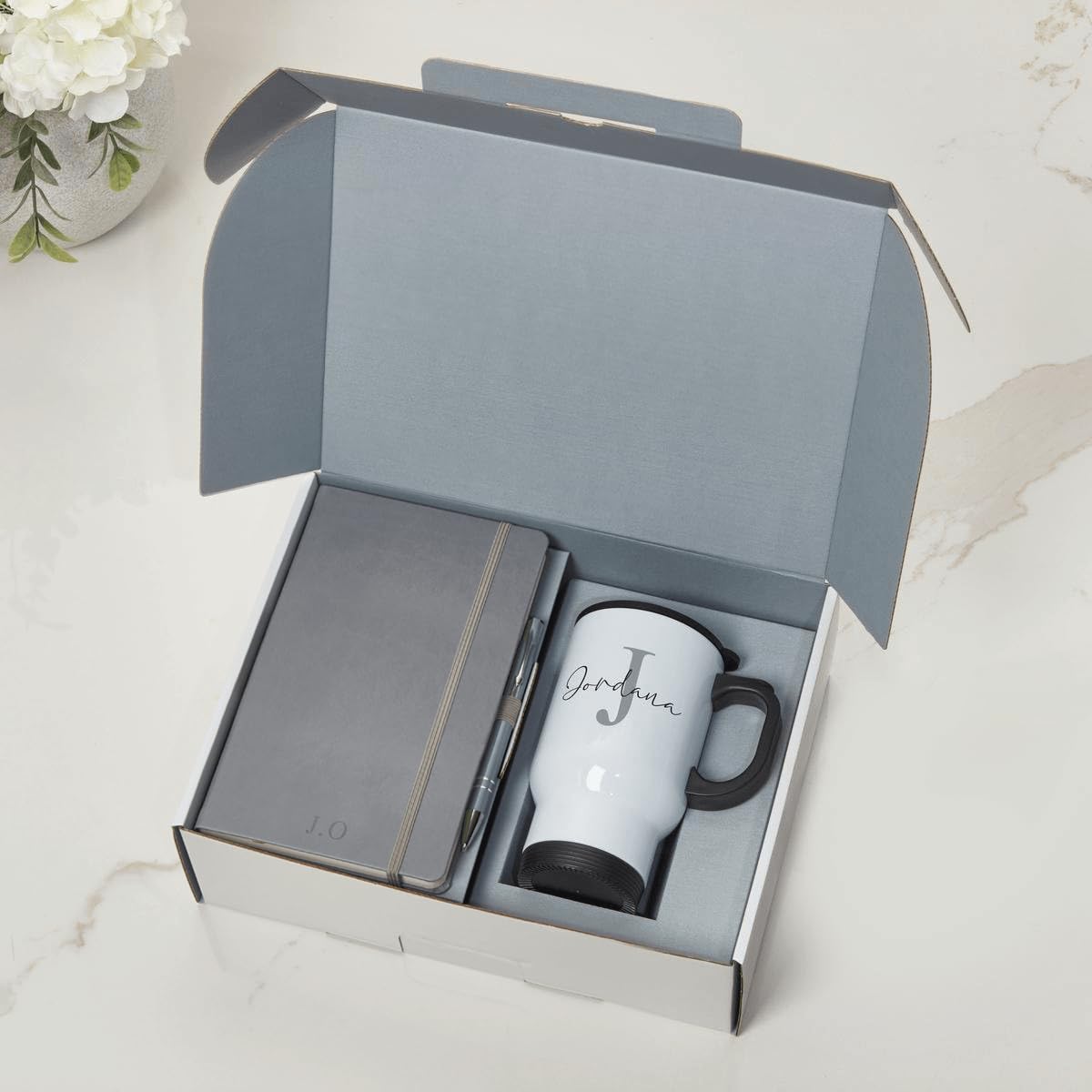 BGExpress Personalised Gift Set - Notebook, Pen & White Travel Mug Gift Set - Premium Business Gifts for Clients, Employees & Partners (Grey)