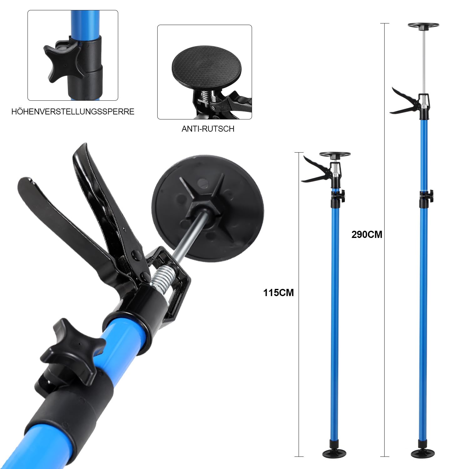 Deckenstütze 2er Set, Montagestütze höhenverstellbar 115-290 cm, je 50 kg pro Stütze, Einhand-Teleskopstütze für Trockenbau, Deckenarbeiten und Renovierung