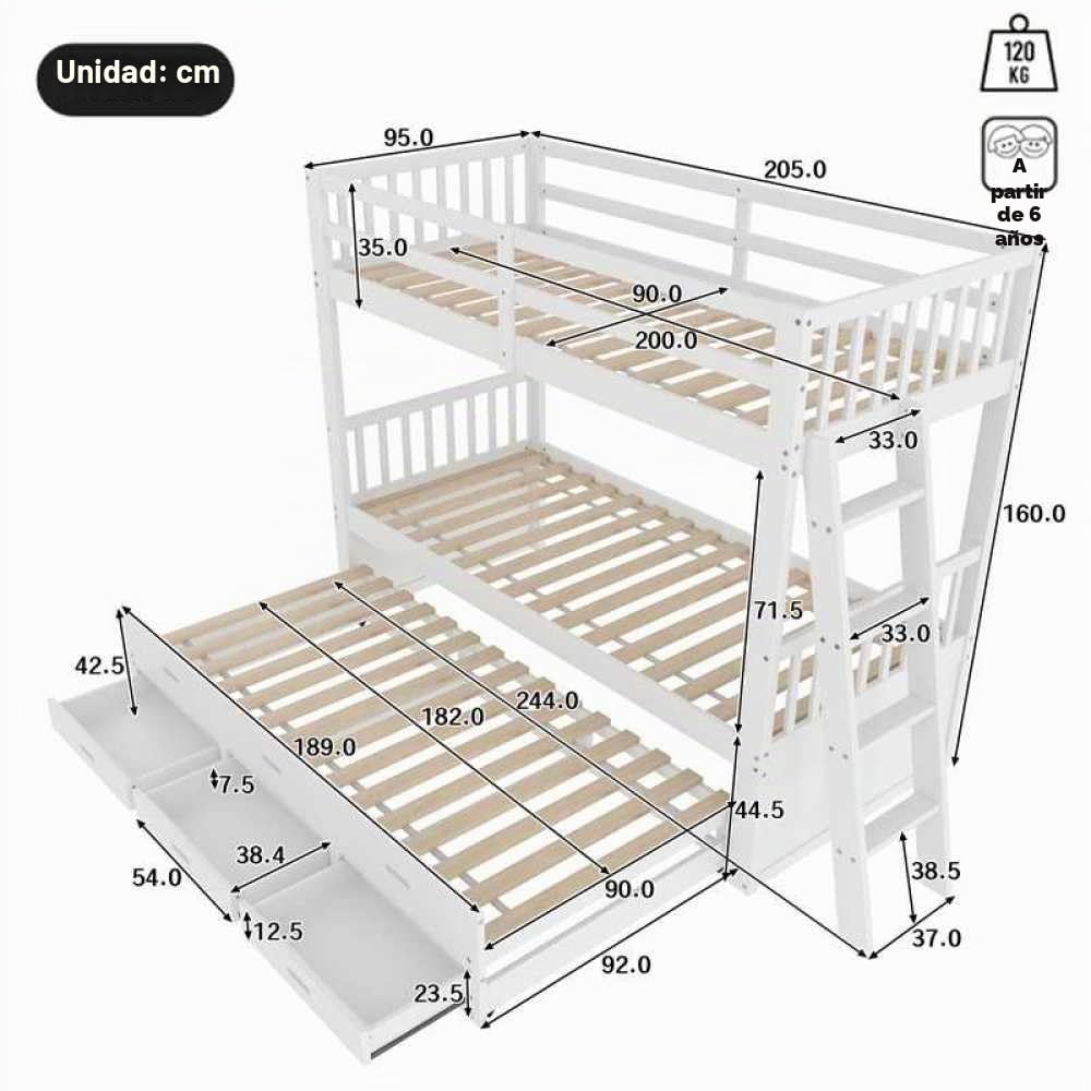 Litera infantil de 90x200cm con escalera, cama extraíble y 3 cajones, estructura de pino y MDF, barandilla alta, convertible en 2 camas individuales, colchón no incluido, Blanco