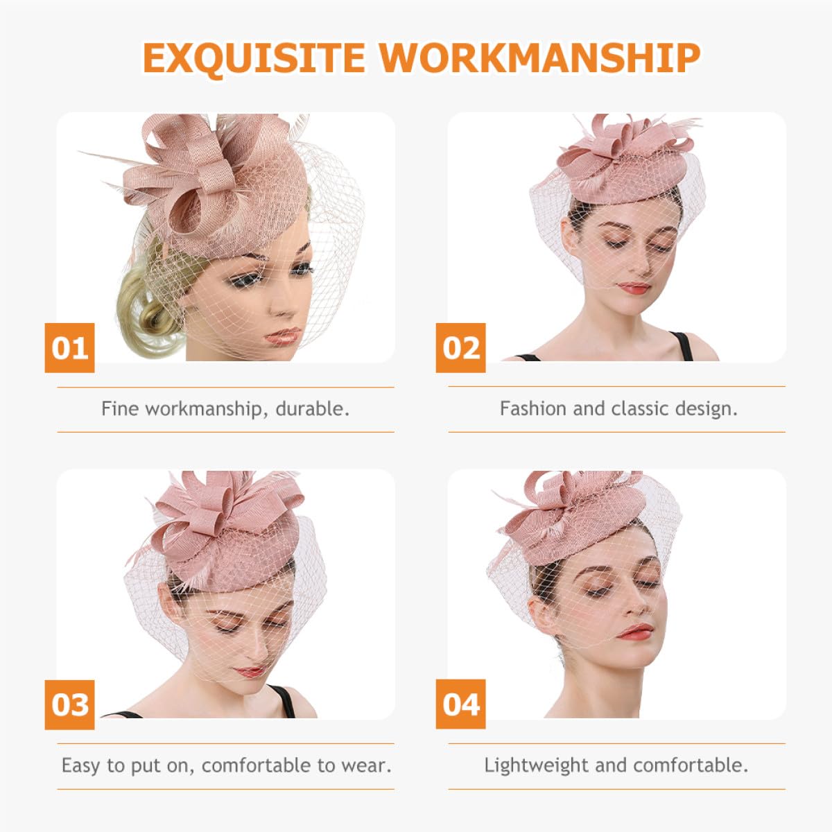 VILLCASE Fascia per Chioma Fascinator in Rete Rosa Cipria, Copricapo da Festa del tè e Banchetto Elegante, Accessorio Leggero e Resistente per Cerimonie e Serate Speciali