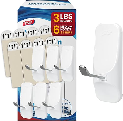 Miniatura 12 de TAILI Ganchos para Colgar, 2 Ganchos Adhesivos Grandes de Plástico y 4 Tiras Adhesivas, Ganchos Utilitarios Blancos para Pared Pintada, Sin Daños,