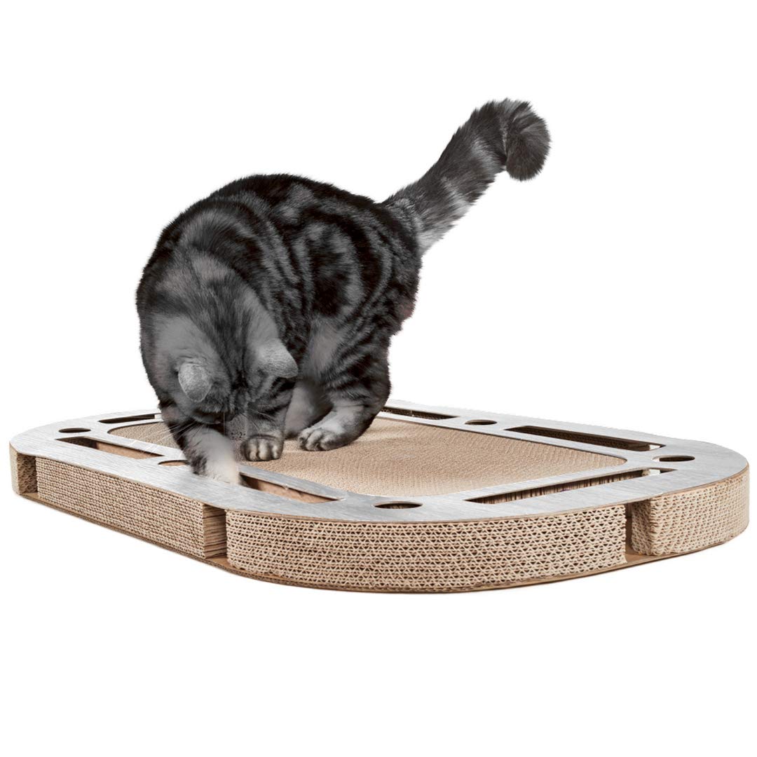 CanadianCat Company | XXL Katzenspielplatz 85 x 54 x 5,8 cm mit integrierter Kratzpappe Katzenspielzeug Kratzbrett in hellgrau gekalkter Holzoptik Kratzkarton