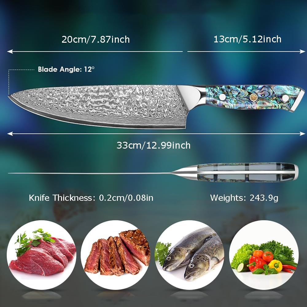 Generisch Couteau de Chef Professionnel en Acier Damas 20 cm, 67 Couches VG-10, Manche en Nacre d’Ormeau, Couteau Cuisine Extrêmement Tranchant pour Viande, Légumes et Fruits, Boîte Cadeau Incluse