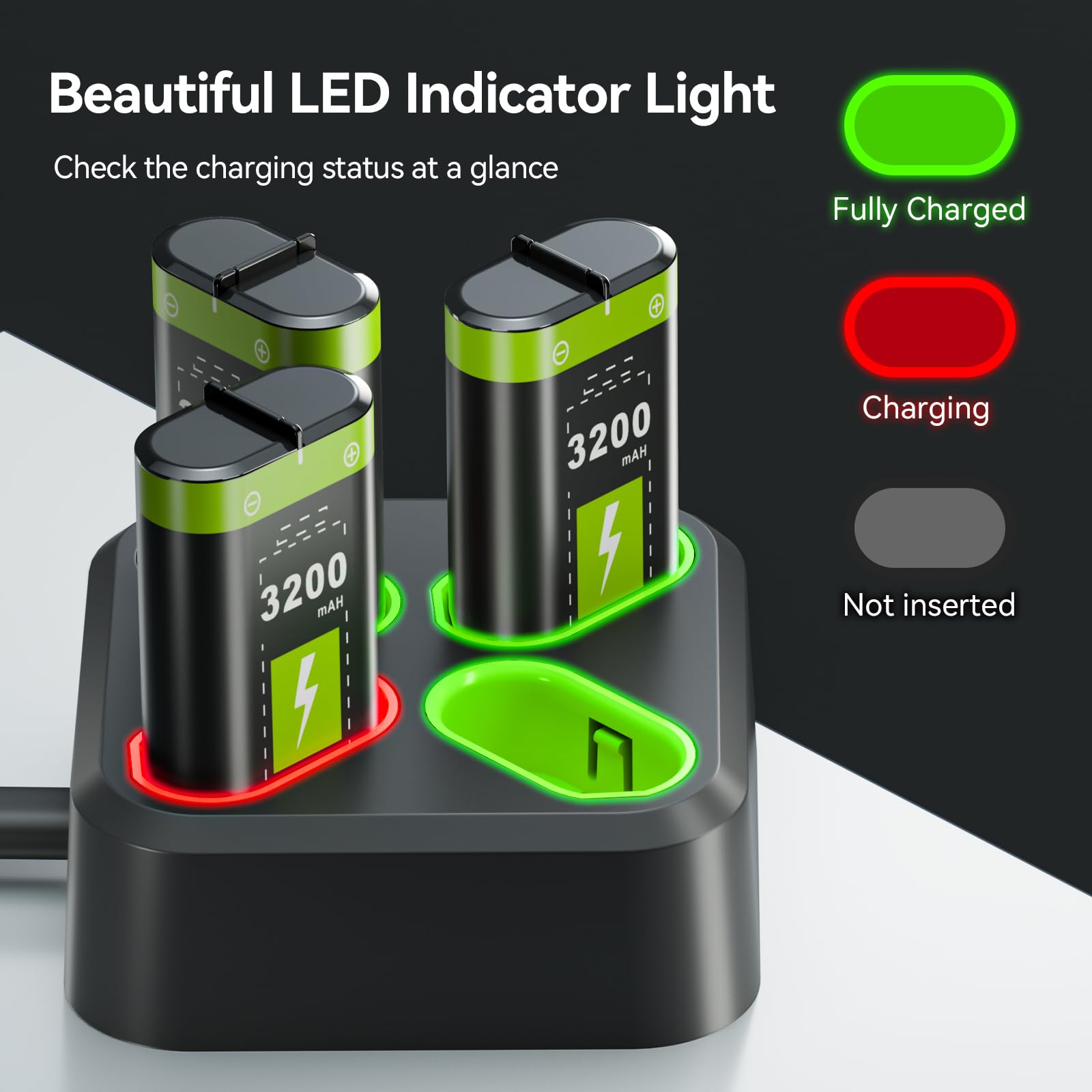 Lot de 4 batteries rechargeables de 3200 mAh pour manette Xbox Series X/Xbox Series S/Xbox One/Xbox One S/X/Elite, kit de batterie rechargeable avec station et câble de type C