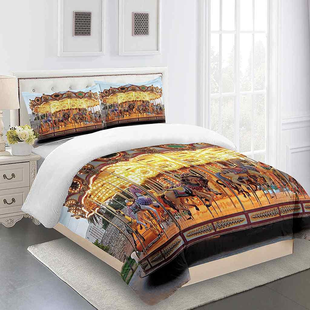 Parure De Lit 3 Pièces Microfibre - Housse De Couette 140x200 Cm + 2 Taies 65x65 Cm - Motif Étoiles Et Lune - Fermeture Éclair