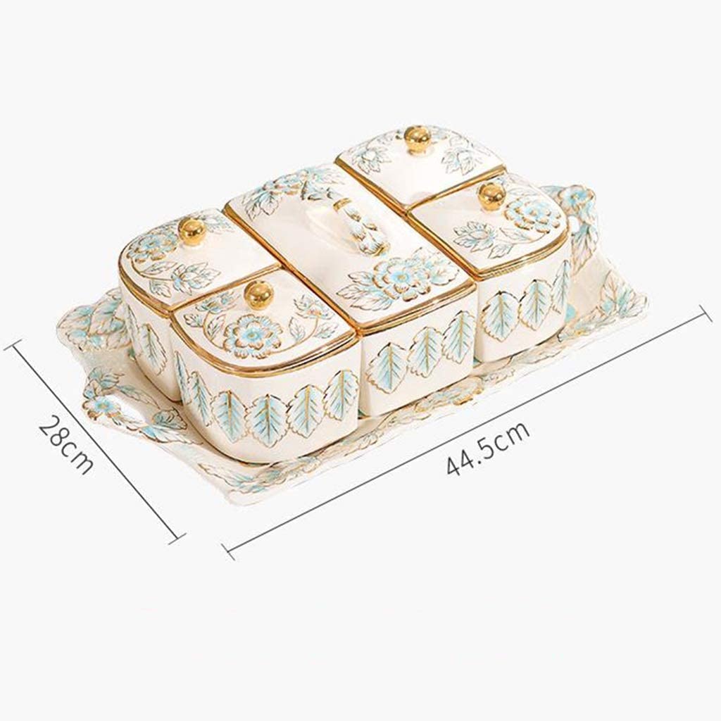 Plato rectangular de cerámica dividido con tapas para frutos secos, caramelos, fiestas y sala de estar en casa
