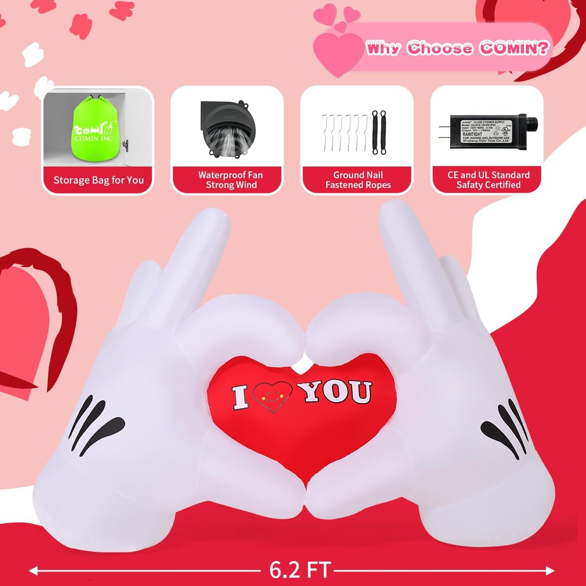 COMIN 6.2FT Long Valentines Inflatables Outdoor Decorations Hand with Hearts,Decorations with LED Lights for Wedding Party Yard Garden Lawn