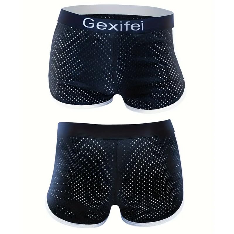 1 Pc Black Men's Boxer Briefs, Solid Color, Breathable - Main Image