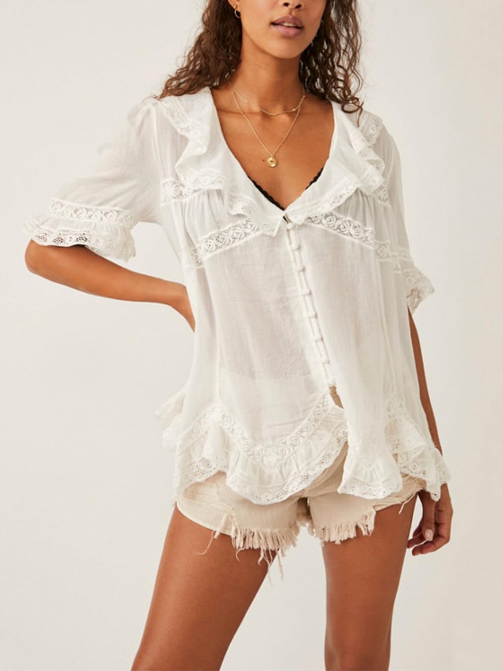 Women’s Tie Front Ruffle Boho Tops Flowy Sheer Short Sleeve Lace Blouse Y2k Embroidered Babydoll Button Down Shirts - Image 3