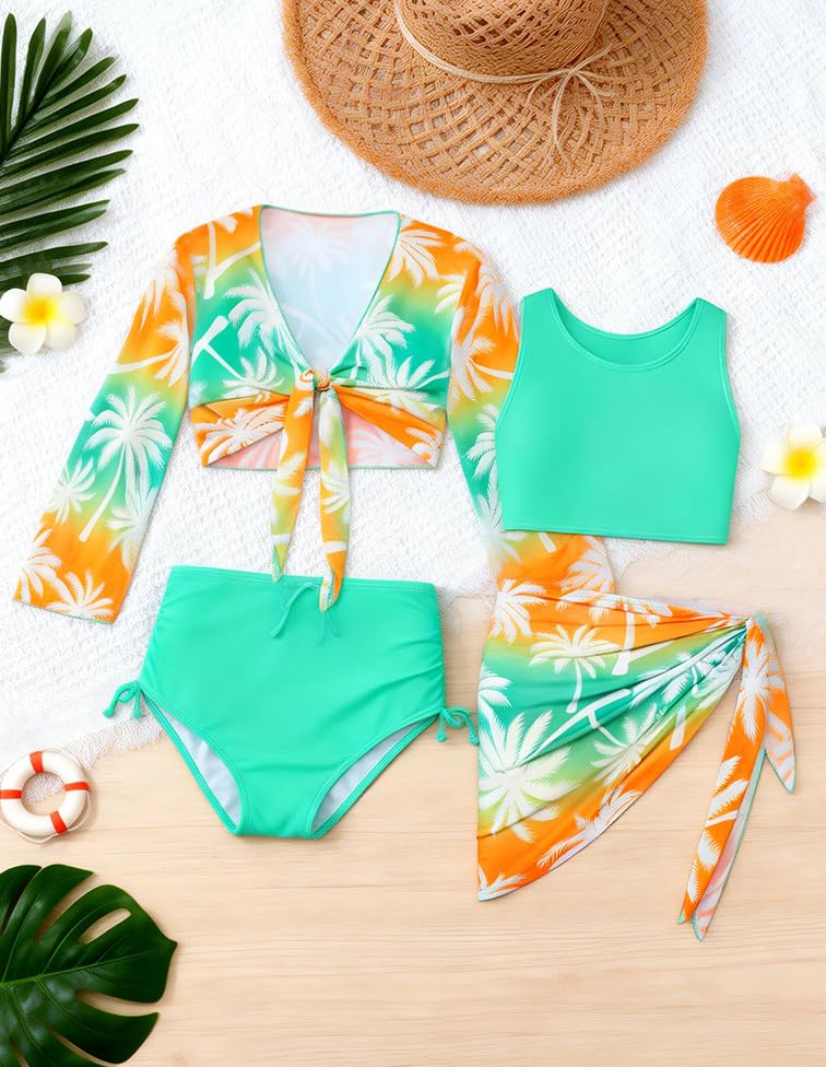 Image of GRACE KARIN Girls Bathing Suit Adjustable Taniki Swimsuit Tie Front 4 Piece Bikini Set with Kimono Cover Up 6-14