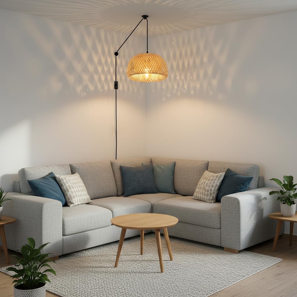 BARCELONA LED -YONNA Wisząca Lampa z Rotangu, Ręcznie Robiona Lampa Wisząca z Regulowanym Kablem i Wtyczką, Oprawka E27, Lampa Dekoracyjna do Salonu, Sypialni, Kawiarni, Styl Boho, Skandynawski