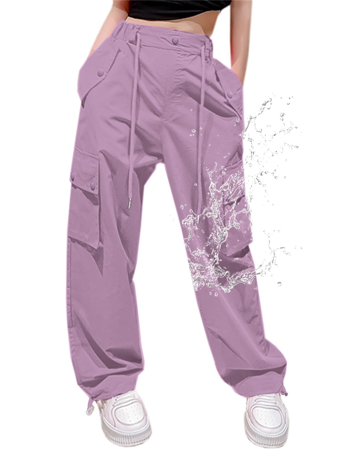 Cromoncent Girls & Womens High Waist Parachute Pants Y2K Waterproof Cargo Trousers with Pockets 6 Years-Women 3XL