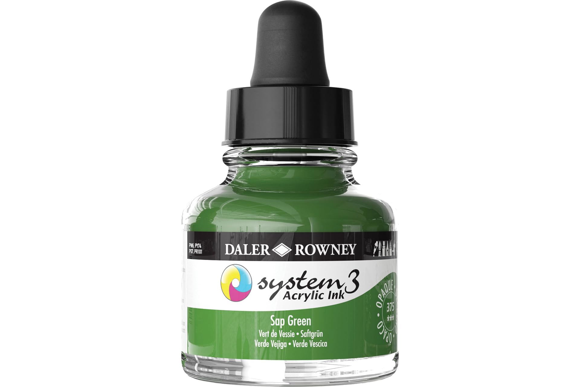 Daler-Rowney System3 Acrylic Ink, Glass Bottle with Dropper, Opaque, 1oz - 29.5 ml, Sap Green, 375 Sap Green, 8 ml - Image 2