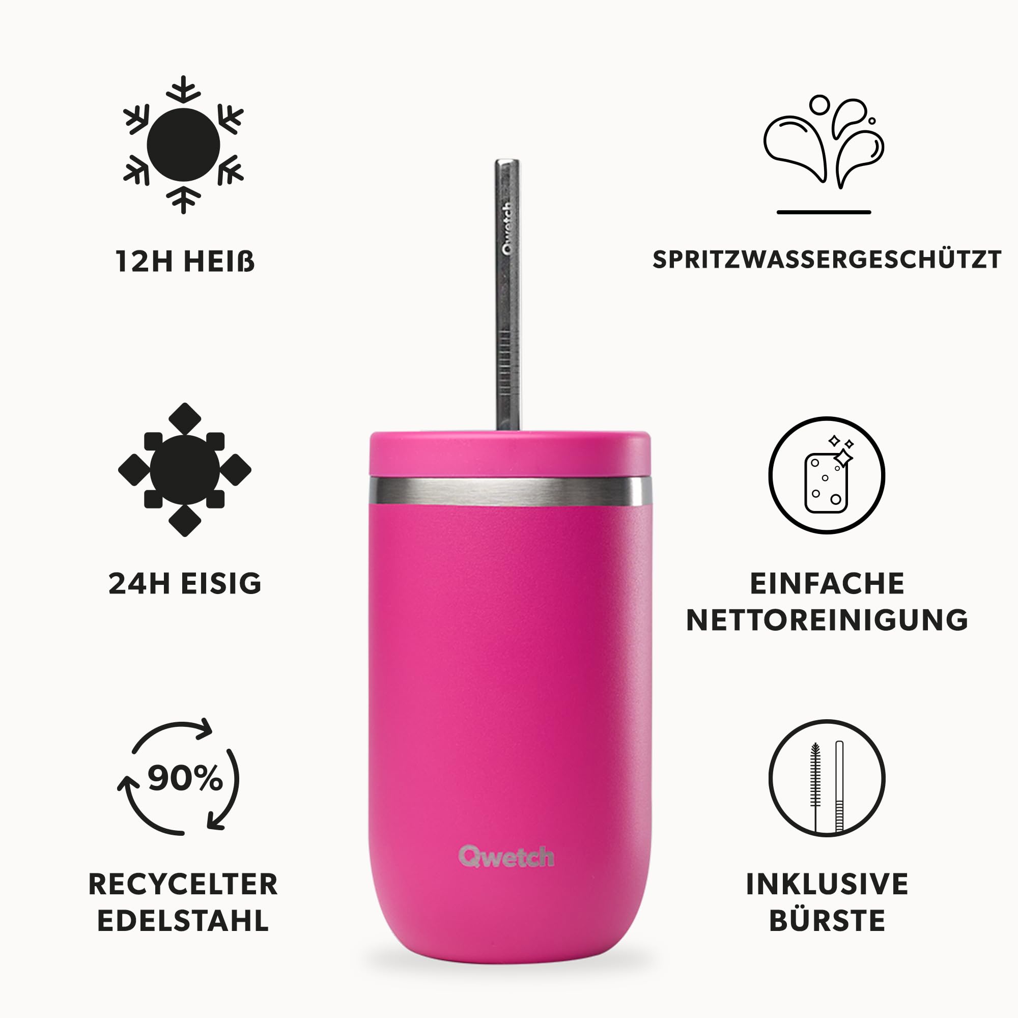 QWETCH - Trinkflasche Cold Cup 470 ml Magenta - 24h Eisgekühlt & 12h Kalt - Recycelter Edelstahl & BPA-frei - Thermobecher mit Strohhalm und Spritzschutzdeckel - Perfekt für Erfrischungsgetränke