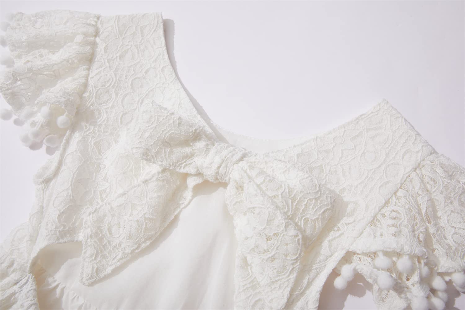 Ragazza abito da festa bendaggio indietro bambino vestito bambino in pizzo schiena scoperta fiocco pompon svolazzanti maniche abiti da principessa