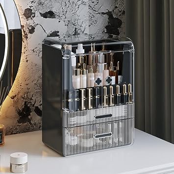 Large Makeup Organizer Dustproof Waterproof Cosmetics Display Case with Drawers Cosmetic Storage Box for Vanity Countertop Skincare Clear Easy Visibility Black