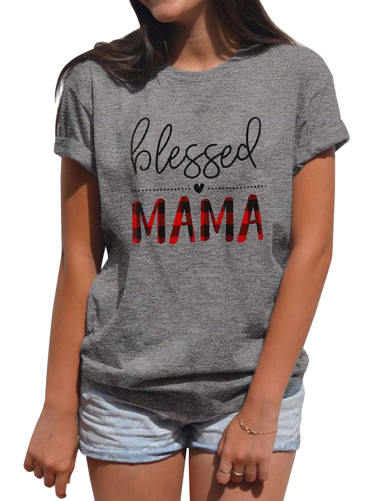 Zxh Women Blessed Mama Letter Print Round Neck Short Sleeve