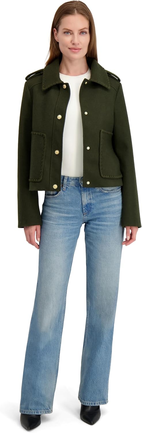 Laundry by Shelli Segal Women's Faux Wool Cropped Jacket– Blanket Stitch Detail, Snap Closure, Epaulette Accent