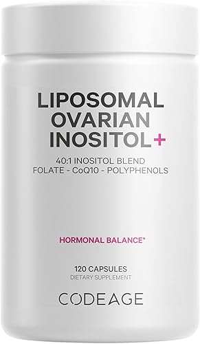 Codeage Inositol de ovario liposomal + suplemento - Mio-inositol, D-quiro-inositol, folato y fitosoma CoQ10, mezcla 401 para equilibrio hormonal y