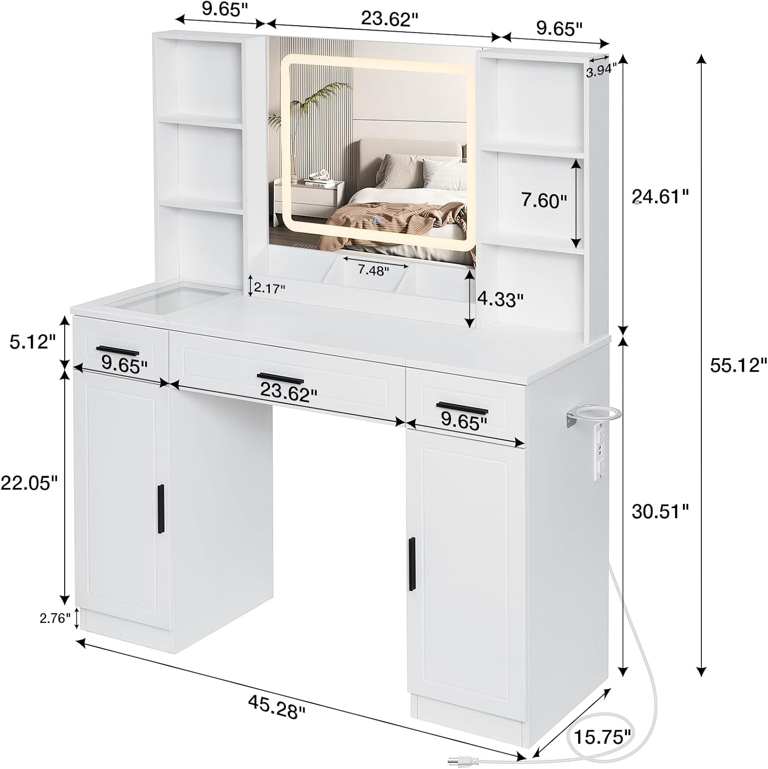 HOMMPA Vanity Desk with Mirror and Lights 45.3“W Makeup Desk with Drawers and Cabinet Vanity Table with Led Light Big Makeup Table with Charging Station
