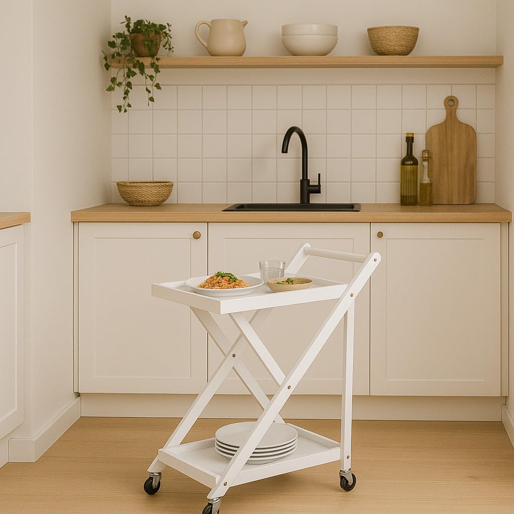 Camarera Plegable con Ruedas Carro de Servicio Plegable 65x40x85cm Color Blanco
