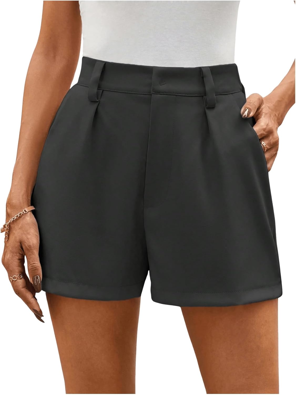 MakeMeChic Women's Elegant Plaid Shorts Dressy High Waisted Shorts Houndstooth Zipper Wide Leg Mini Shorts Work Casual Shorts