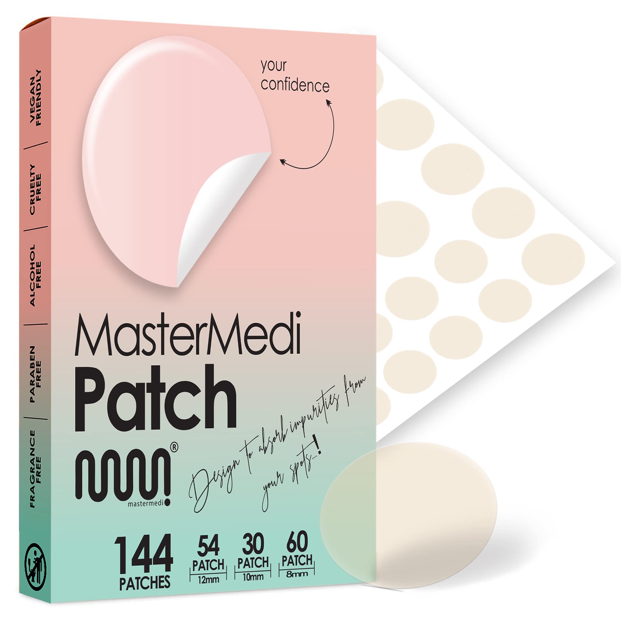 MasterMedi Acne Patches (144 Pack), Hydrocolloid Acne | Patch Pimple Patches for Face | Hydrocolloid Acne Pimple Absorbing Cover, Blemish Spot, Skin Care, Facial Stickers 3 Sizes 144 Dots