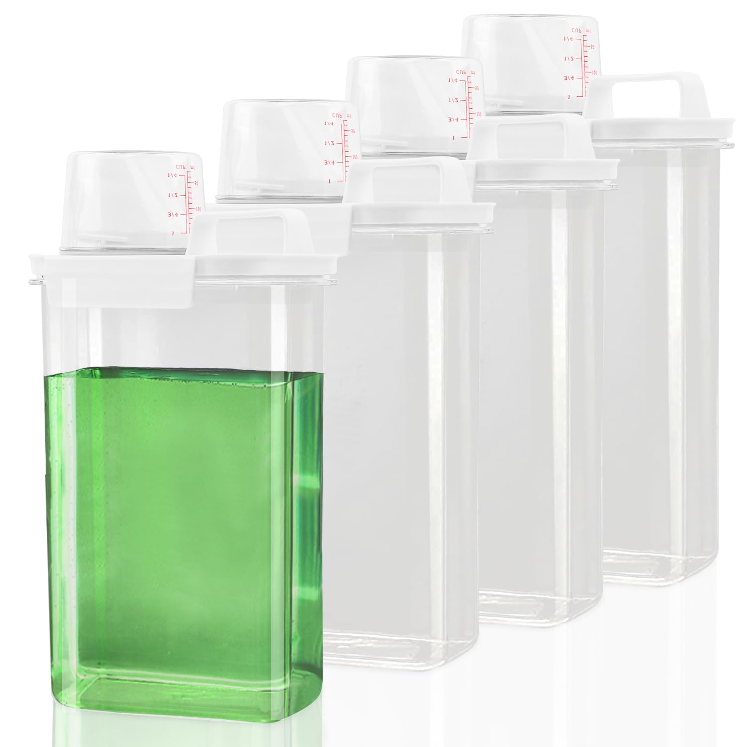 Dispensador de detergente líquido para lavandería, paquete de 4 dispensadores de jabón de lavandería de 78 onzas, soporte para detergente de lavandería con tapas para almacenamiento de lavandería,