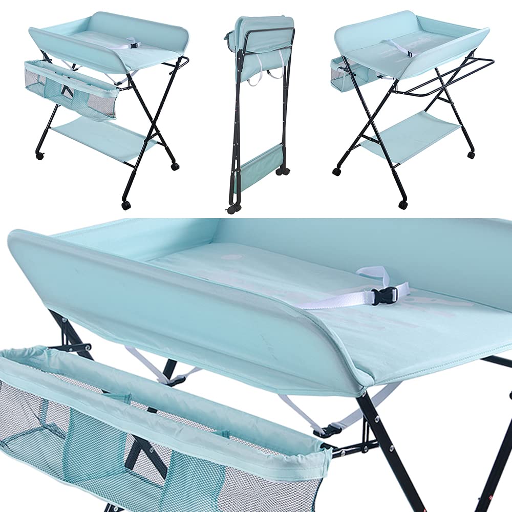 Mueble Cambiador Bebe Plegable y Portátil, Cambiador con 4 Ruedas,Patrón de Jirafa-80 x 66 x 92/95/98 cm (Azul cielo)