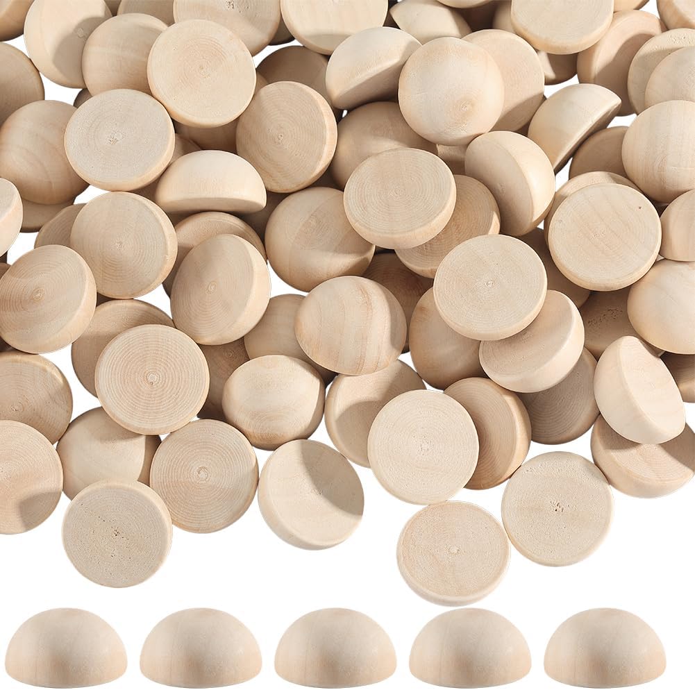 1 Box 100Pcs Half Round Wooden Beads 25MM Unfinished Wood Half Circle Bulk Loose Large Smooth Natural Printable Unfinished Beads for Jewelry Making Findings DIY Crafts Art Project Home Decor