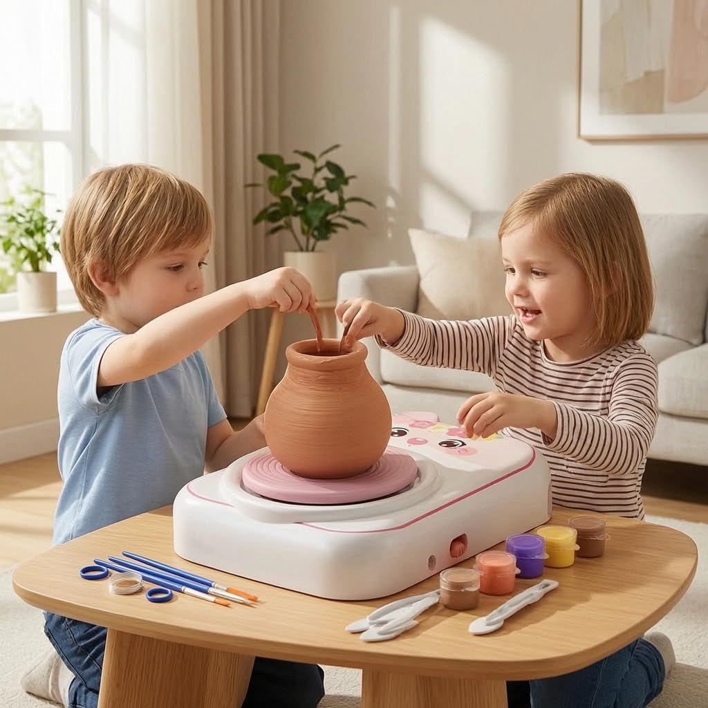 Yunmeryker Kit Ceramica Fai da Te per Bambini, Tornio Elettrico con Argilla Autoindurente, Set Creativo per Modellare
