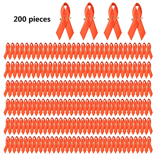Image of 200 Pieces Orange Satin Awareness Ribbons with Safety Pins 1.4 x 3 inch