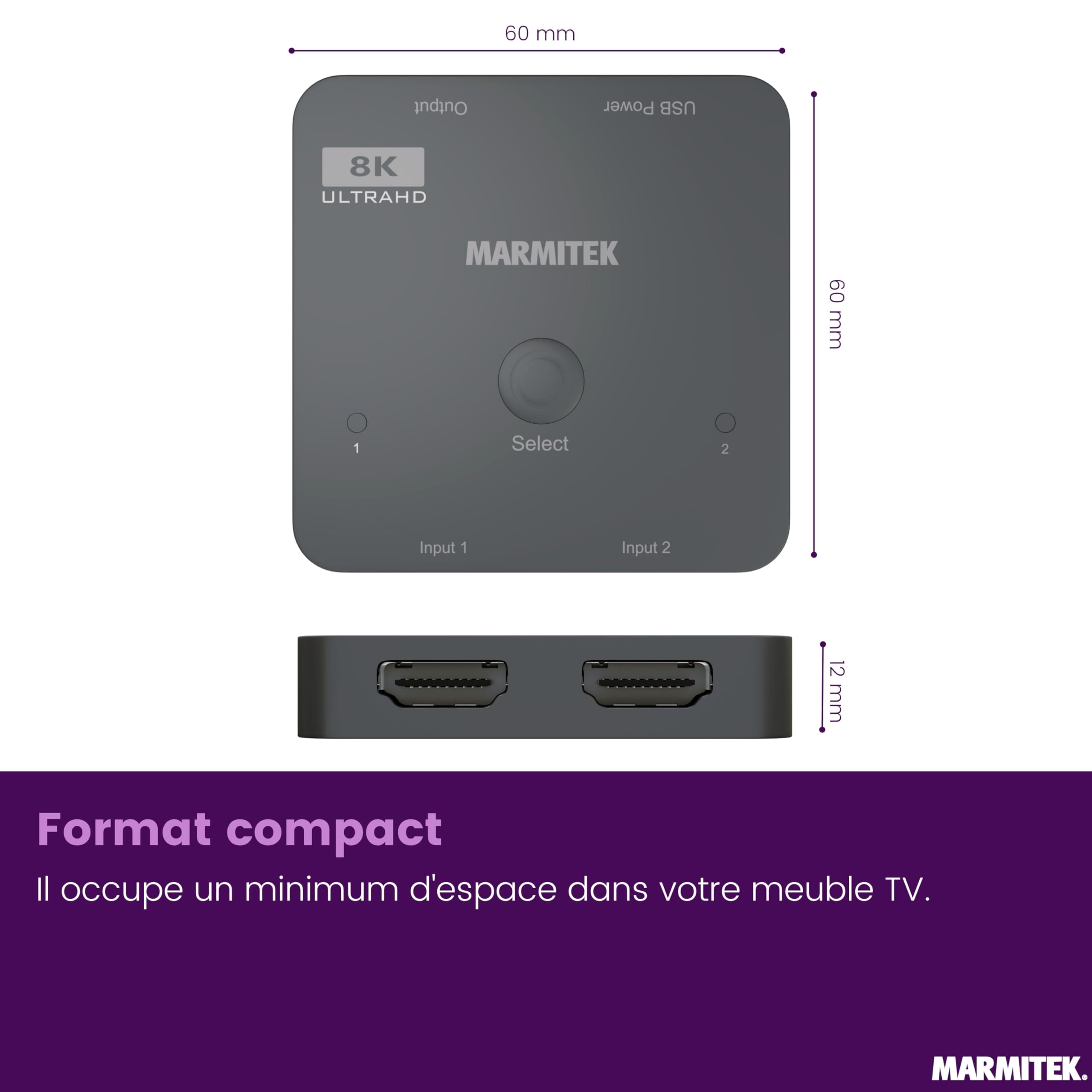 Marmitek AS28 - Switch HDMI 8K60-4K120 Gaming Fluide - HDMI 2.1 2 entrées 1 Sortie - 48 Gbit/s VRR ALLM QMS QFT - Commutation Automatique - sélecteur HDMI