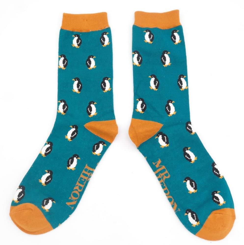 Lilyrosa Men's Teal Penguin Design Socks One Size 7-11 Bamboo Blend Crew Mid Calf