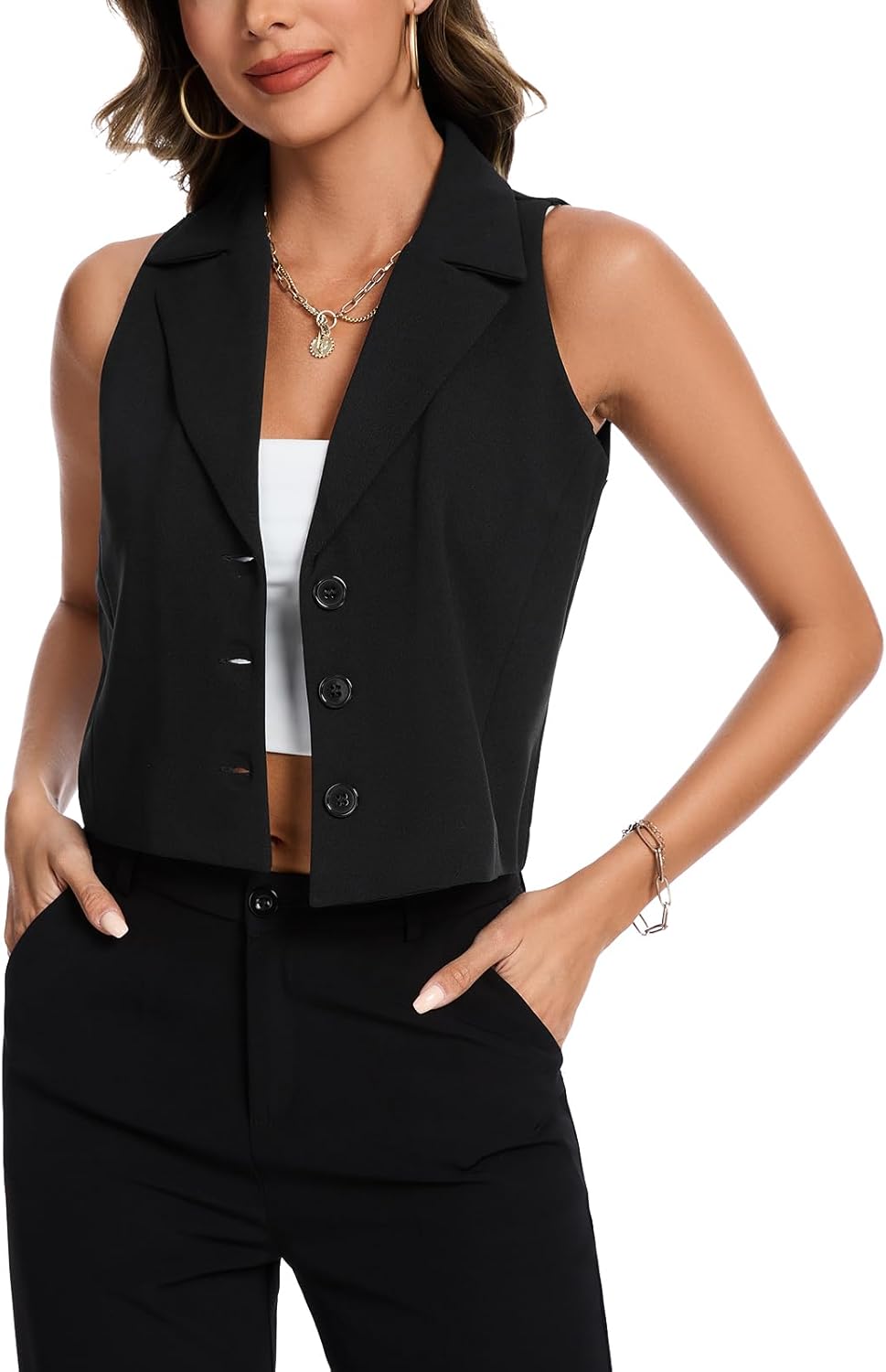 MINTLIMIT Women's Notch Lapel Button Front Crop Vest Jacket Waistcoat Vests Sleeveless Blazer - Image 6