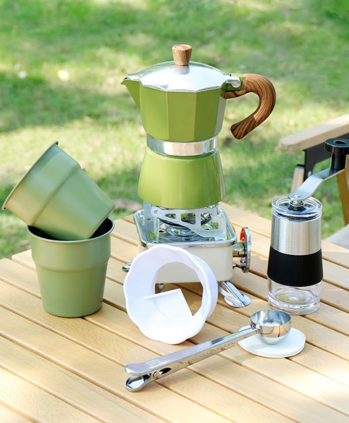 Stove Espresso Mocha Jug 9 Piece Portable Case Bag Hand Brewing Coffee Machine Set for Travel, Camping, Office, Backpacking Travel, Outdoor Party, Wild Fishing (White)